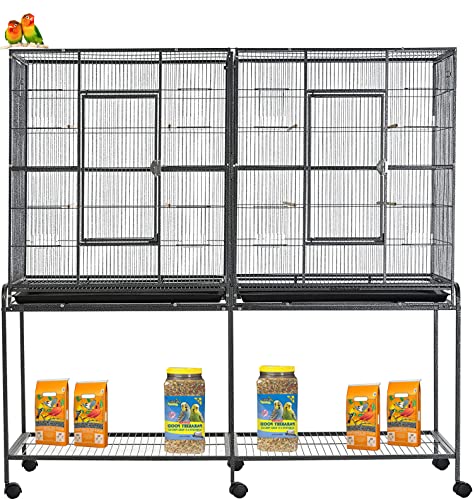 54" Large Double Breeding Flight Bird Wrought Iron Double Parrot Bird Cage Slide Out Center Divider Side Nesting Doors Cockatiel Conure Removalbe Rolling Stand (Black Vein / 51.0"L x 17.0"W x 54.0"H)
