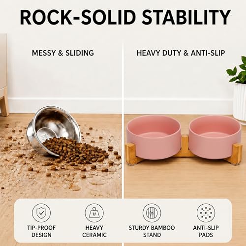 Ceramic Dog and Cat Bowl with Wood Stand Non (3.6 cups / Pink × 2)