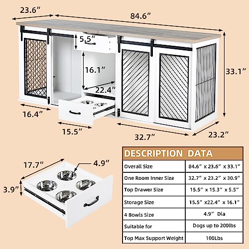 85" XXL Heavy Duty Wooden Double Dog Crate Furniture for Large Dogs Divided (85.0"L x 24.0"W x 33.0"H / White)