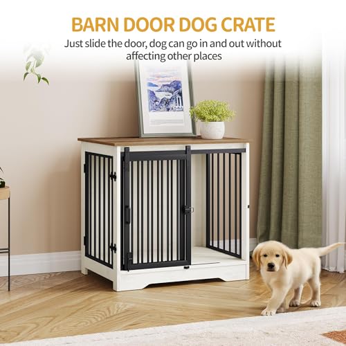 27.2" S Dog Crate Furniture Indoor Dog Kennel with Barn Door (White Brown / 27.2"L x 19.3"W x 25.4"H)