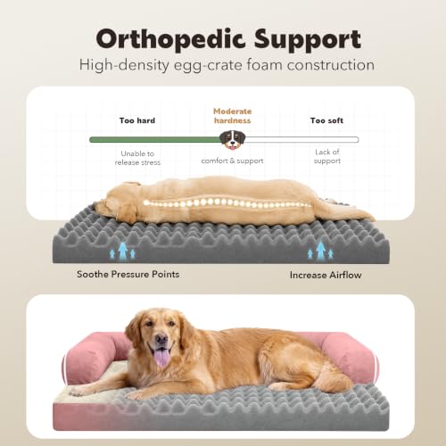 Orthopedic Washable Dog Bed with Bolster for Medium to Large Dogs (36.0"L x 27.0"W x 7.0"Th / Pink)