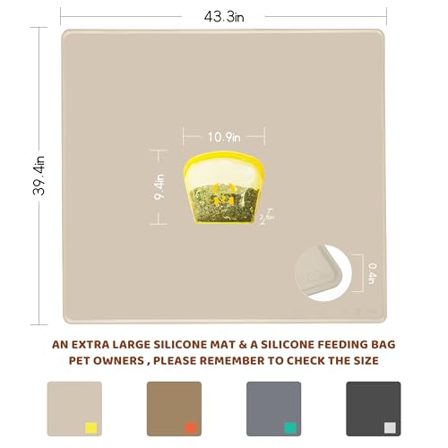 Extra Extra Large Silicone Dog Food Mat 39.4×43.3in and 128oz Silicone Bag Set (39.4"L x 43.3"W / Beige Mat & Yellow Bag)