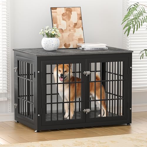 38" Heavy Duty Dog Crate Furniture for Large and Medium Dogs (Black + Gray / 38.3"L x 25.4"W x 27.7"H)