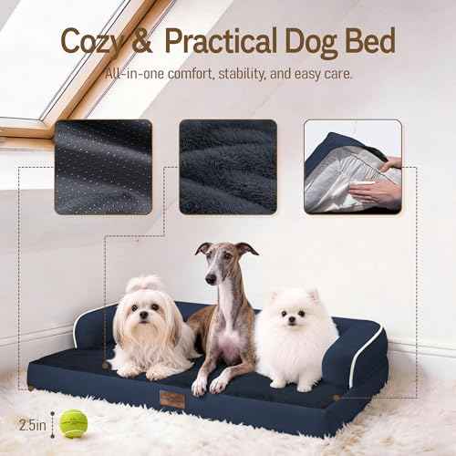 Washable Dog Bed with Bolster for Medium to Large Dogs (Navy Blue / 36"L x 27"W x 7.5"Th)
