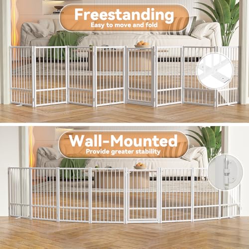 Full Metal Freestanding Dog Gate with Door (【8 Panels】160"W*32H" / White)