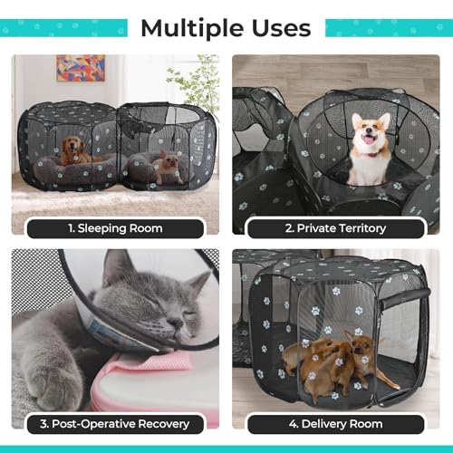 2-in-1 Pop Up Dog Playpen Cat Pet Puppy Playpen, Non-Detachable (Black Mesh / 55.2"L x 27.6"W x 17"H)