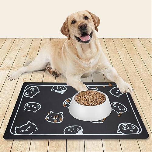 Cat Food and Water Mat for Pets (Dark Gray & Multiple cat heads Logo / 24"L x 16.9"W)