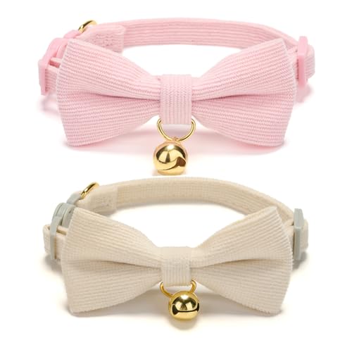 2 Pack Soft Corduroy Cat Collars with Bow Tie & Bell Adjustable Breakaway Kitten Bowtie Collar for Female Male Cats (S:Neck 7.0" - 11.0" / Corduroy-White Pink)