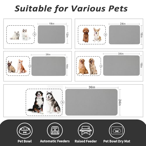 Dog Food Mat Absorbent Cat Mat for Food and Water (Grey / 19"L x 12"W)