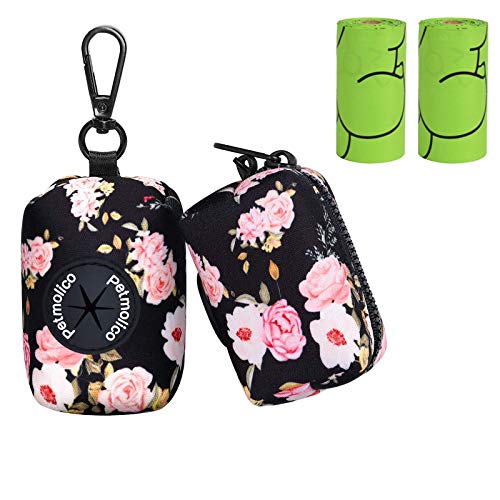 Dog Poop Bag Holder Dispenser 2 Pack (Black with Pink Rose)