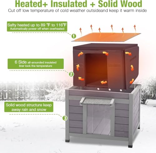 Heated Outdoor Insulated Dog House with Heating Pad and 6
