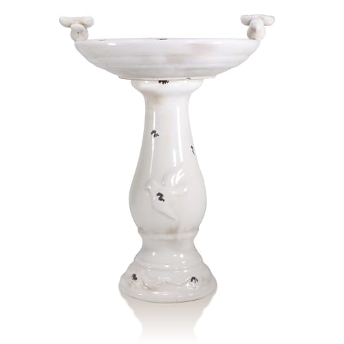 25" Tall Outdoor Antique Ceramic Birdbath with 2 Bird Figurines (brown)
