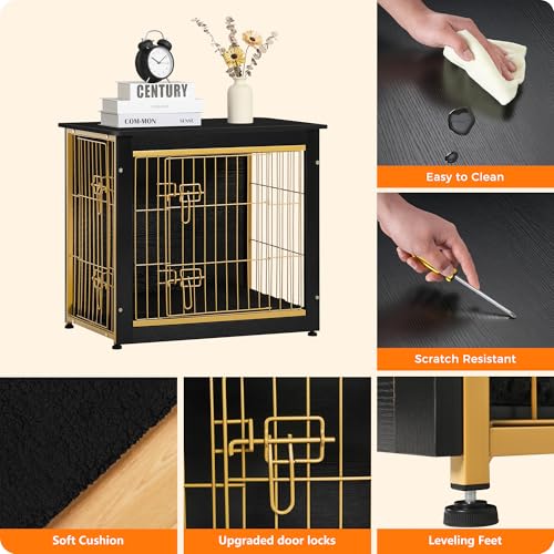 27" Dog Crate Furniture (Black+Gold / 27.2"L x 20.1"W x 23.6"H)