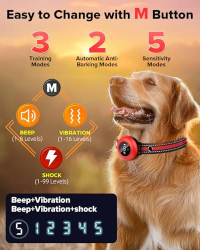 2-in-1 Dog Shock Collar & Bark Collar – 3300FT Dog Training Collar with Remote, Automatic Anti-Barking, 5 Adjustable Sensitivity Levels, IP67 Waterproof E-Collar for Small Medium Large Dogs (Red)