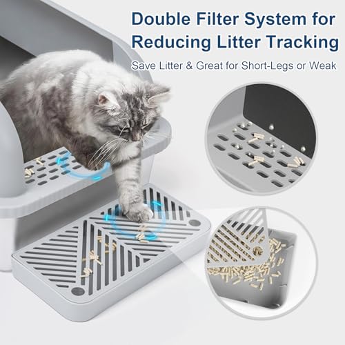 XL Enclosed Stainless Steel Cat Litter Box for Big Cats (Light Grey & Sliver / Large)