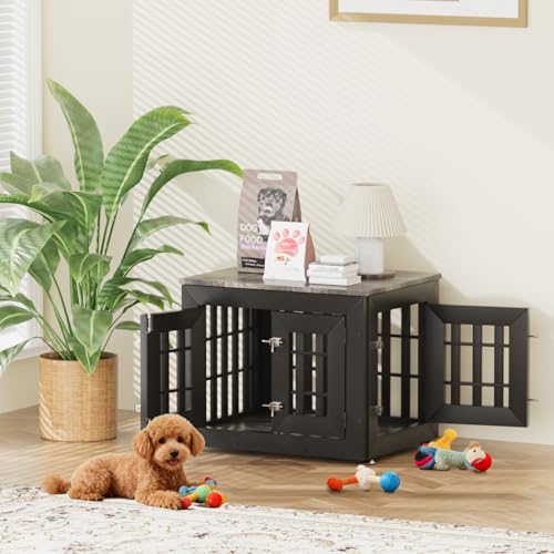 26" Heavy Duty Dog Crate Furniture for Small (26.0"L x 20.5"W x 21.3"H / Black+Grey)