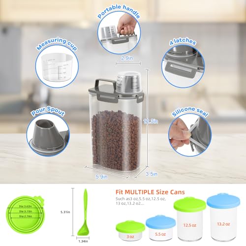 Small Dog Food Storage Container 3 Qt with Cat Food Can Cover and Mixing Spoon (Grey 3Qt)