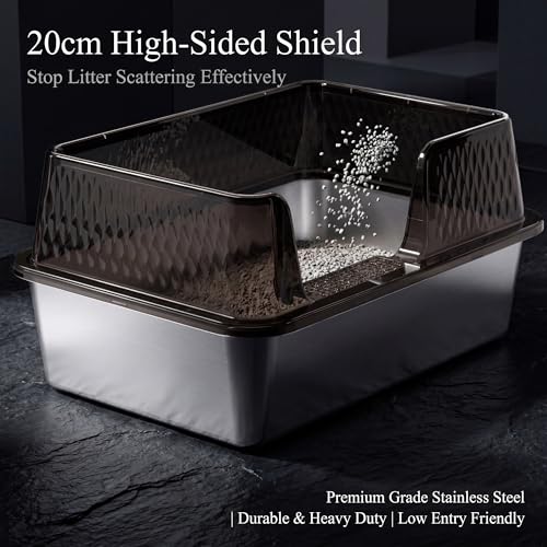 Medium Stainless Steel Litter Box Side Entry High Sides Deep Metal Cat Litter Boxes with Lid Low Entry Litter Mat and Scoop Litter Pan (Black / Medium)