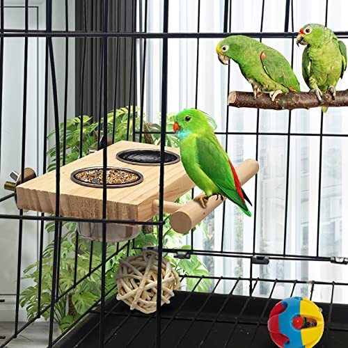 Bird Food Stainless Steel Cups Wooden Perch Stand Hanging Feeder Bowls Feeding and Watering Supplies for Parakeets Conures Cockatiels Budgie Parrot (Large)