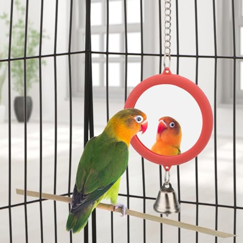 Bird Mirror Toy with Bell Interactive Parrot Hanging Mirror (RED)