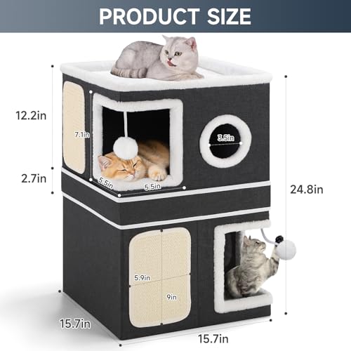 2 Story Cat House beds for Indoor Cats with Scratch Pads Black (Black / Double)
