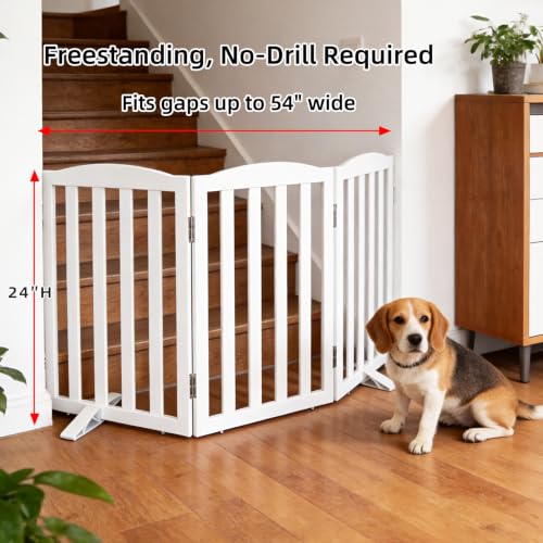 Foldable Freestanding Indoor Dog Gate for House Wood White Long Pet Gates Dog Fence for Stairs Puppy Gates for Hallways (White / 【3 Panels】60''w X 24''h)