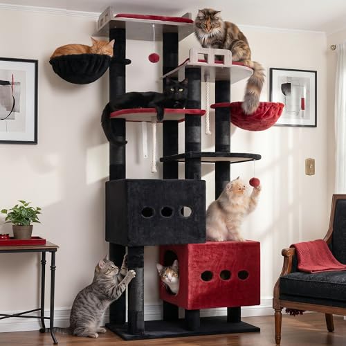 Sturdy Cat Tree Tower with 2 Large Condos (74.8 inches / Black and red)