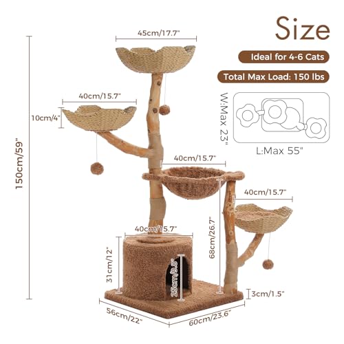 Modern Cat Tree with Real Wood&Wicker Basket for Large Cats Brown (Brown)