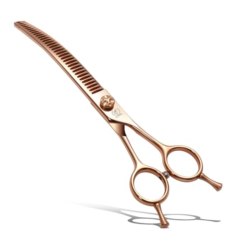 Professional Dog Grooming Scissors Pet Curved Chunker Shears 7.0'' Extremely Sharp Blades 440C Steel Thinning Scissors Durable Smooth Motion & Fine Cut for Dogs and Cats (Rose Gold Chunker)