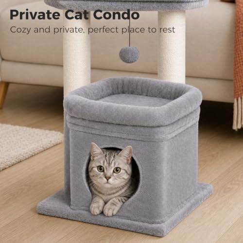 Small Cat Tree Tower for Indoor Cats (Grey / M(15.7"L x 15.7"W x 26.7"H))