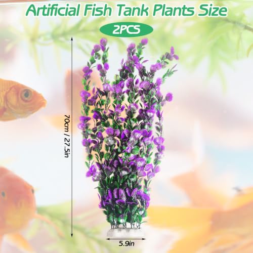 Purple Green Serrated Leaf Tall Aquarium Plastic Plants Artificial Fish Tank Plant Aquarium Decor Extra Large Lifelike Aquatic Plant Suitable for Saltwater and Freshwater 27.5 (B*2 Pcs / 27.5 in)