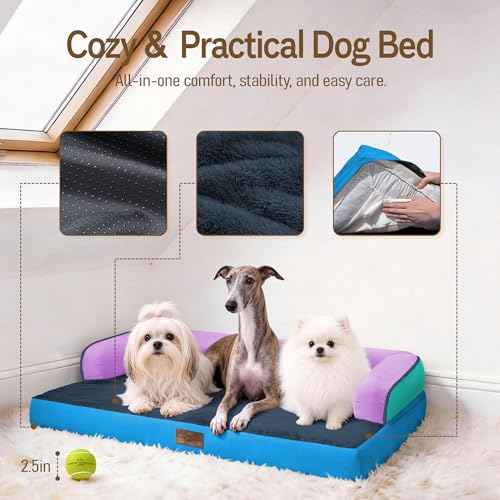Washable Dog Bed with Bolster for Medium to Large Dogs (Ocean Twilight / 36"L x 27"W x 7.5"Th)
