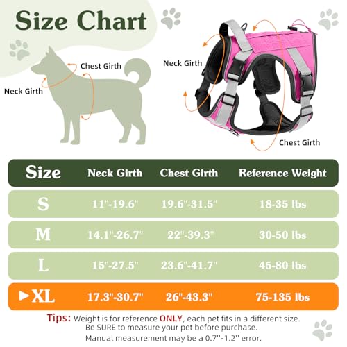 Heavy Duty Tactical Dog Harness for Large Dogs (Pink / XL (Chest: 26-43.3", Neck: 17.3-30.7"))