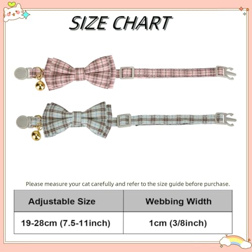 2 Pack Soft Cotton Cat Collars with Bowtie and Bell Breakaway Plaid Cat Kitten Collar (S:Neck 7.0" - 11.0" / Plaid - Pink+Jade Green)