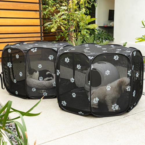 2-in-1 Pop Up Dog Playpen Cat Pet Puppy Playpen, Non-Detachable (Black Mesh / 71"L x 34"W x 24.1"H)