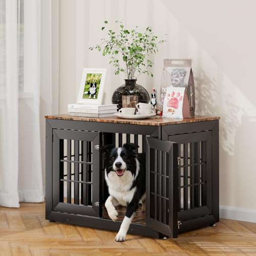 38" Heavy Duty Dog Crate Furniture for Large (37.4"L x 25.8"W x 27.4"H / Black+Brown)