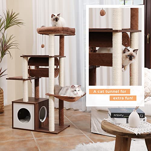 51.4in 6 Level Cat Tree for Indoor Cats with Swing Tunnel (Brown / L(25.6"L x 15.7"W x 51.4"H))