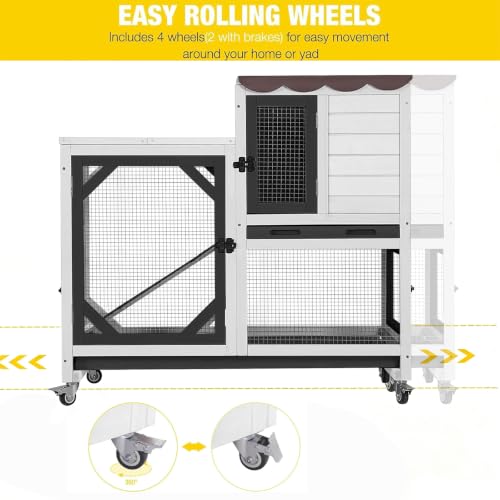 Rabbit Hutch Indoor Outdoor Bunny Hutch on Wheels (Black ＆ White)