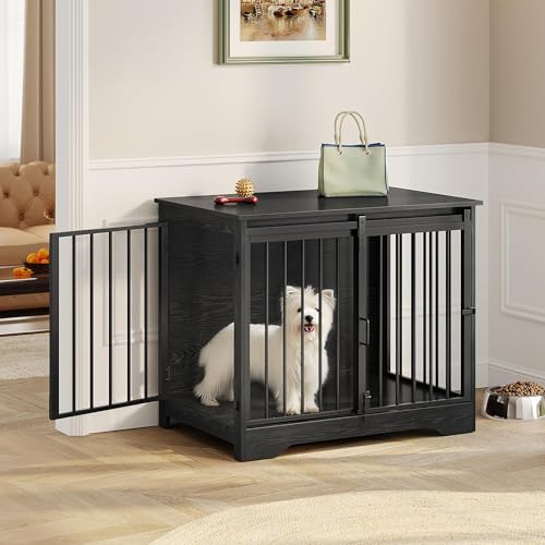 31.9" M Dog Crate Furniture Indoor Dog Kennel with Barn Door (Black / 31.9"L x 21.7"W x 26.6"H)