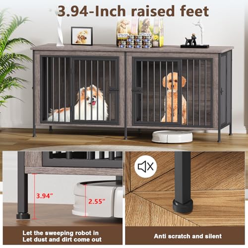 63" Dog Crate Furniture for 1 or 2 Dogs (Oak Grey / 63.0" x 23.6" x 27.9")