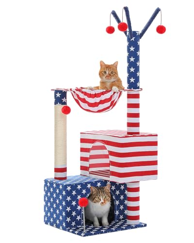 American Flag Cat Tree for Kittens & Senior Cats (Patriotic Red White & Blue / 45 inches)