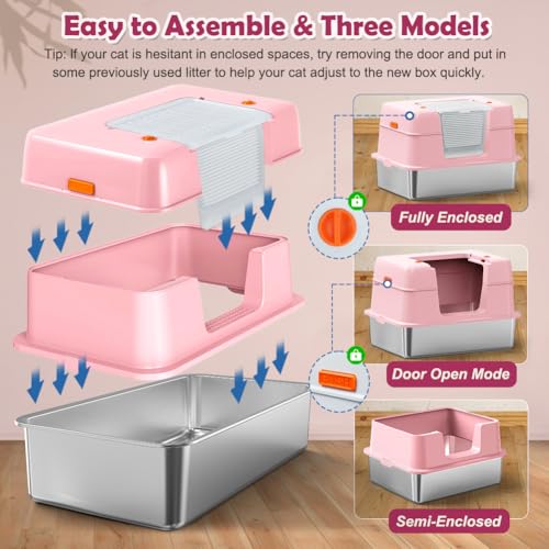 Pink Stainless Steel Covered Cat Litter Box (Pink((With Mat&Step))