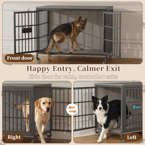 46 In Heavy Duty Dog Crate Furniture on Lockable Wheels (Grey / 46.1"L x 28.7"W x 31.9"H)