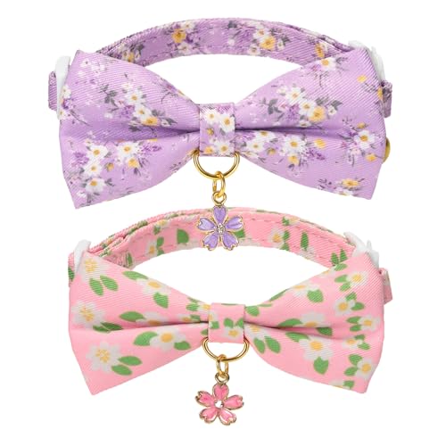 2 Pack Floral Cat Collars with Bow Tie and Bell Adjustable Breakaway Bowtie Cute Kitten Collar (S:Neck 7.0" - 11.0" / Floral Purple+Pink)