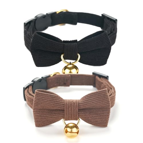 2 Pack Soft Corduroy Cat Collars with Bow Tie & Bell Adjustable Breakaway Kitten Bowtie Collar for Male Cats (S:Neck 7.0" - 11.0" / Corduroy-Black Brown)