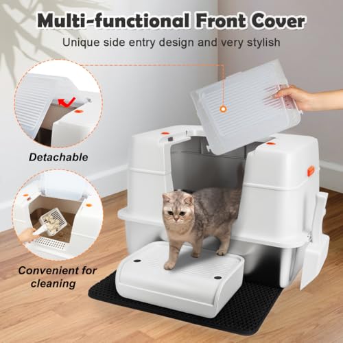 Stainless Steel Litter Box with Lid (Beige(With Mat&Step))