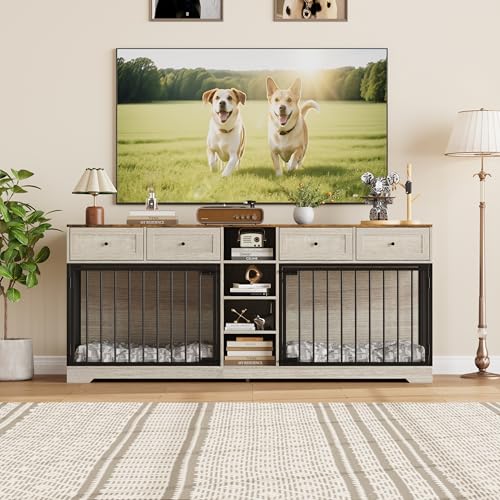 82" Double Dog Crate Furniture with Storage (Washed White / 81.9"L x 23.6"W x 33.5"H)