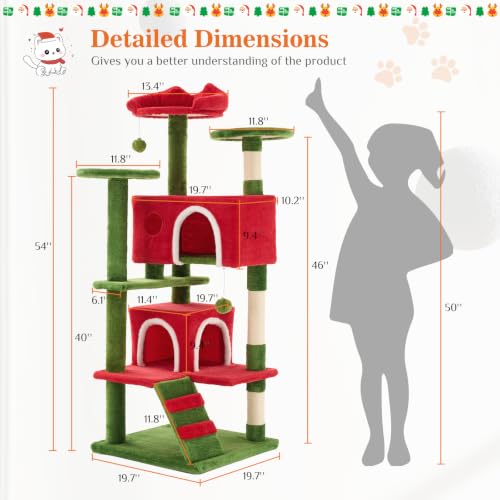 54 inch Cat Tree Tower with Scratching Posts (Red & Green / 54IN)