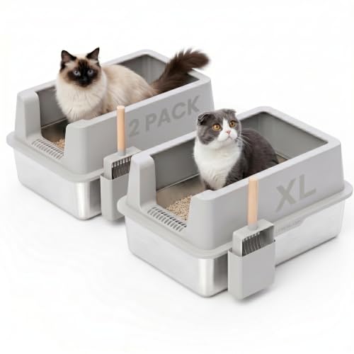 2 Pack Stainless Steel Cat Litter Box (Gray-2Pack)