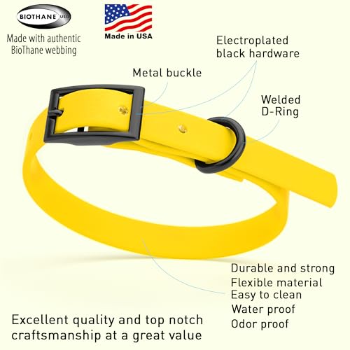 Biothane Waterproof Dog Collar Strong Coated Nylon Webbing with Black Hardware Odor (W1/2" x L9-12" / Lemon Yellow)